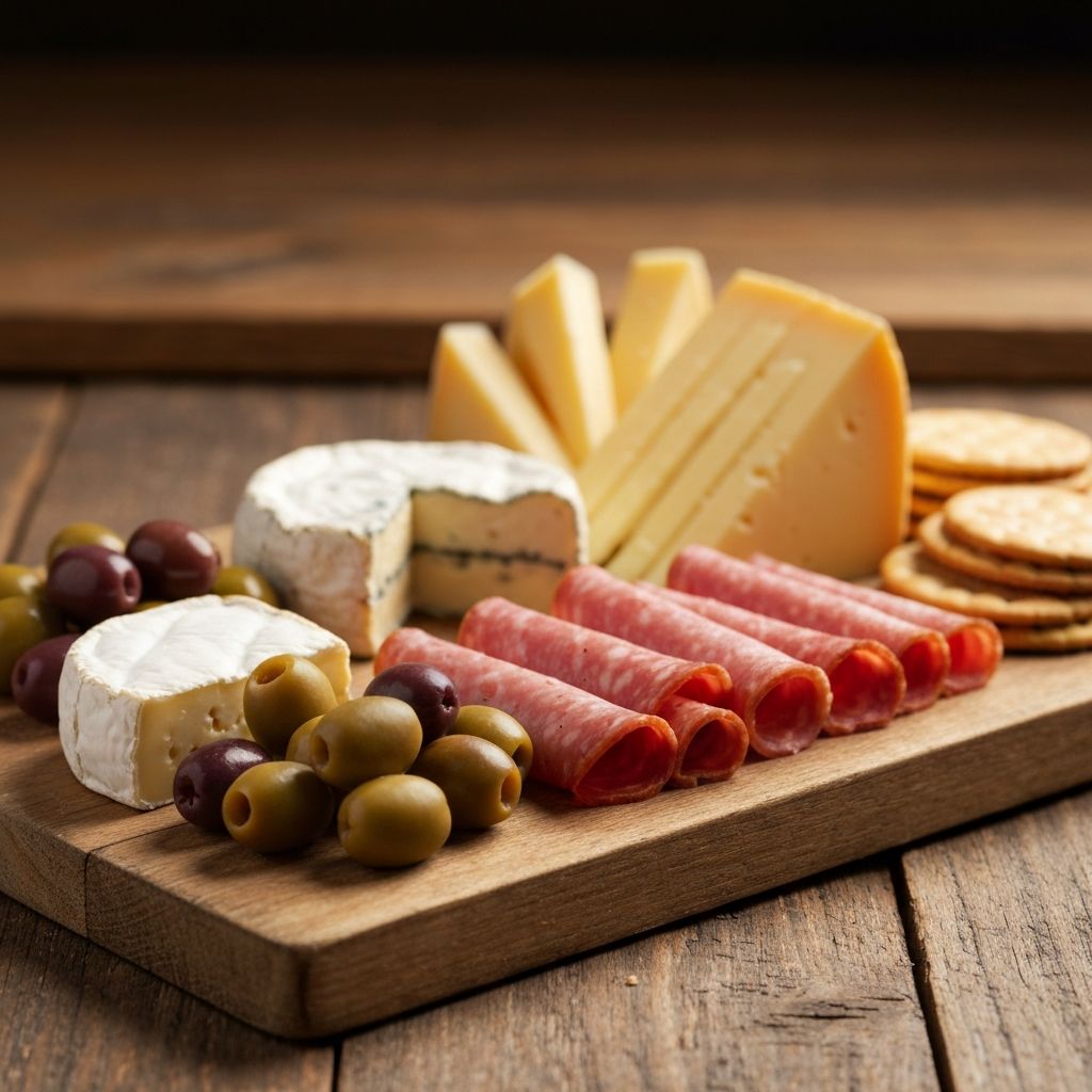 Assorted cheeses and deli cold meats on a board