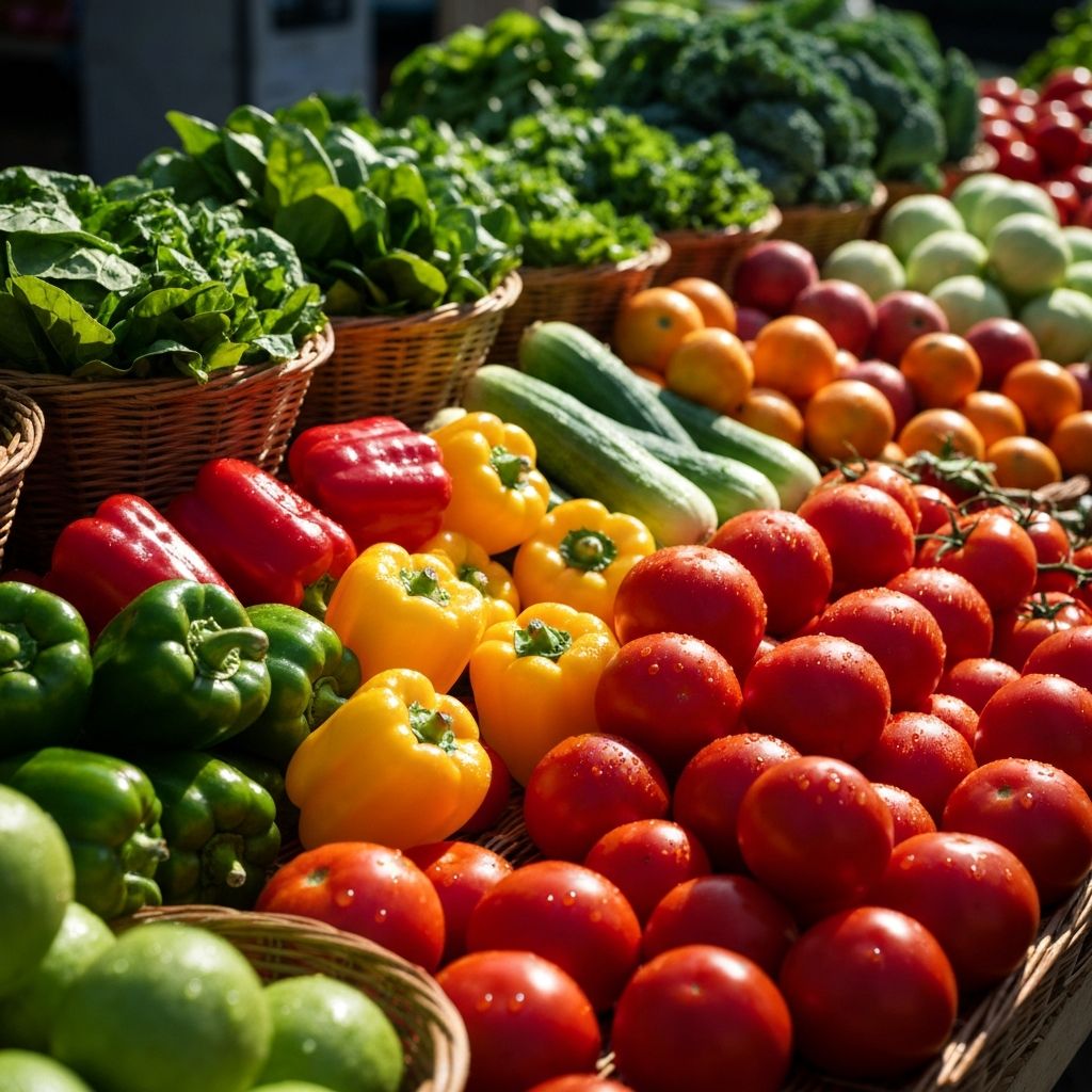 Fresh vegetables and fruits displayed at Warrawong Scoop Supermarket