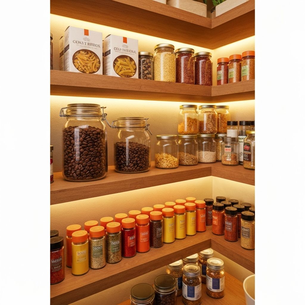 Pantry staples including coffee beans and canned goods on shelves