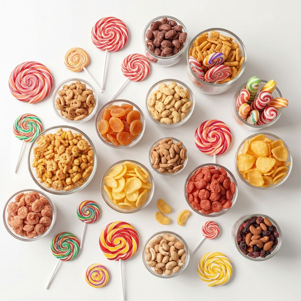 Colourful lollies and snack foods in bowls and jars
