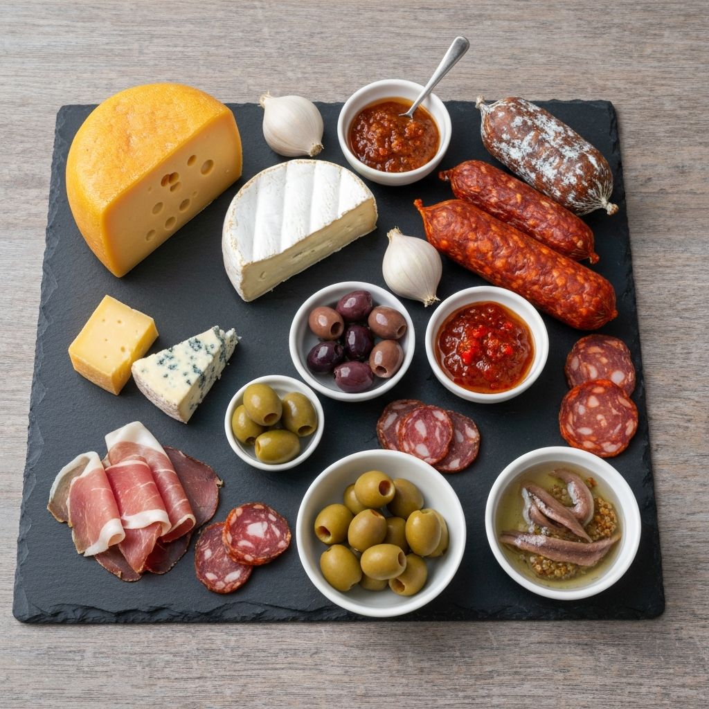 Gourmet specialty foods including artisan cheeses and cured meats